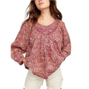 We Free People Cool Meadow Printed Rust Red Balloon Sleeve Boho Tunic Top Sz S
